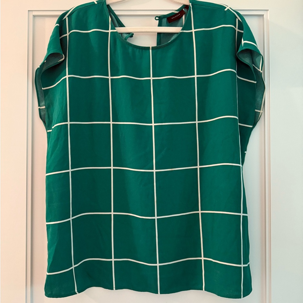 Halogen Emerald Green Boxy Blouse with White Grid Pattern